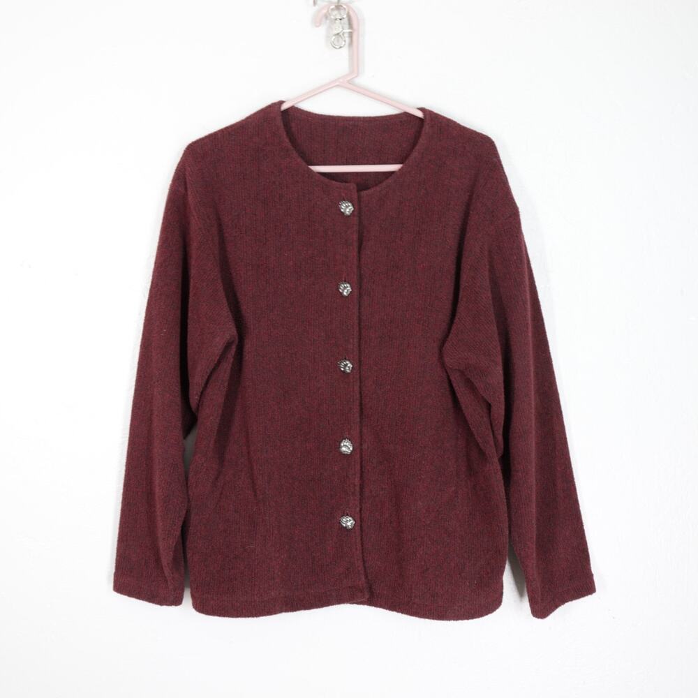 Vtg Green Brand Recycled Cardigan Sweater Women L Burgundy Brindle Claw Button